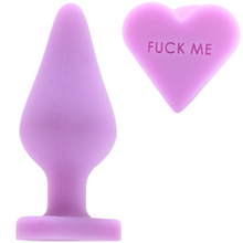 Load image into Gallery viewer, Candy Hearts F**k Me Medium Butt Plug in Purple
